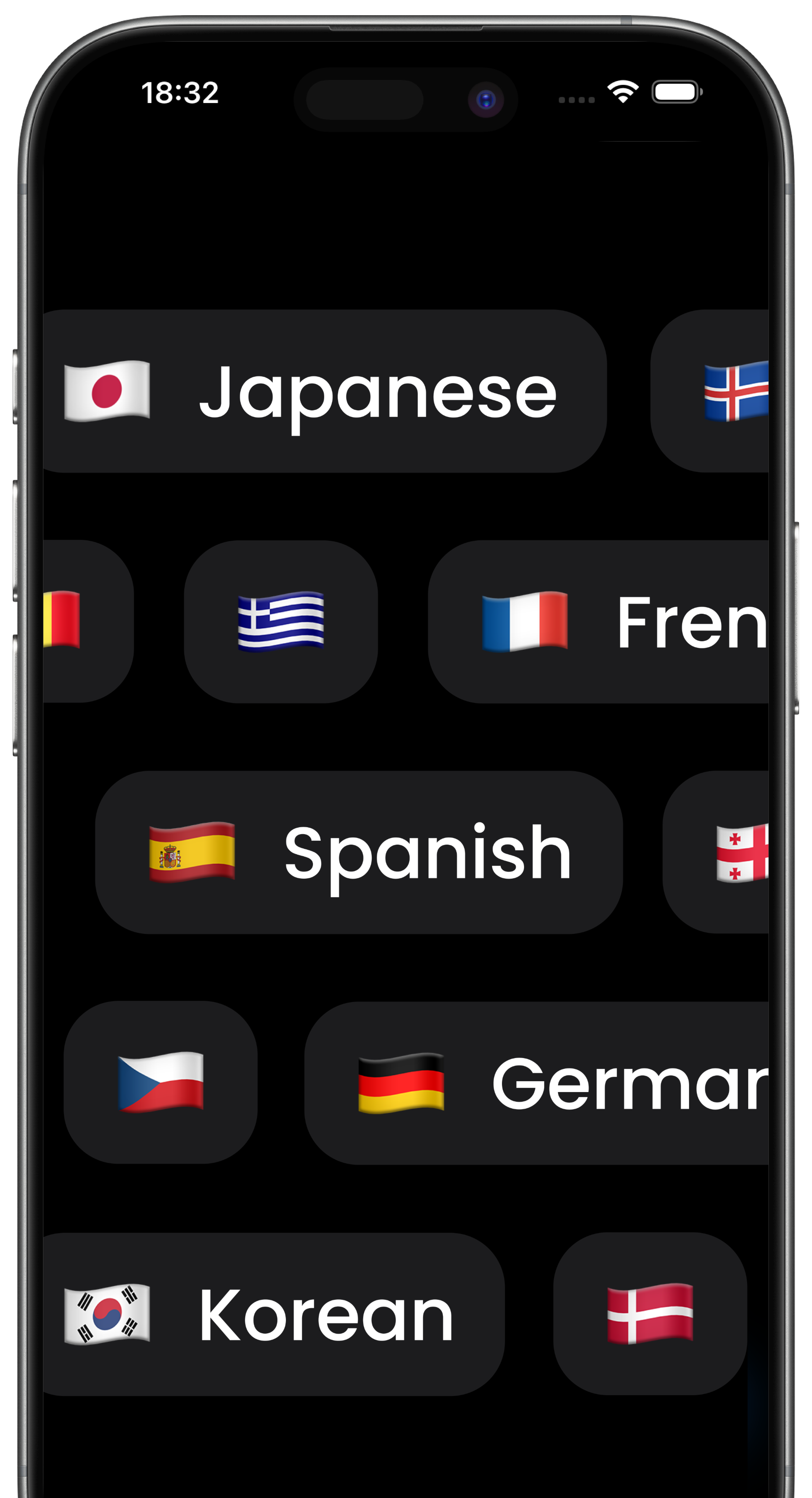 Voice Notes AI language selection screen — supports 33 languages including Spanish, French, German, Japanese and more on iPhone