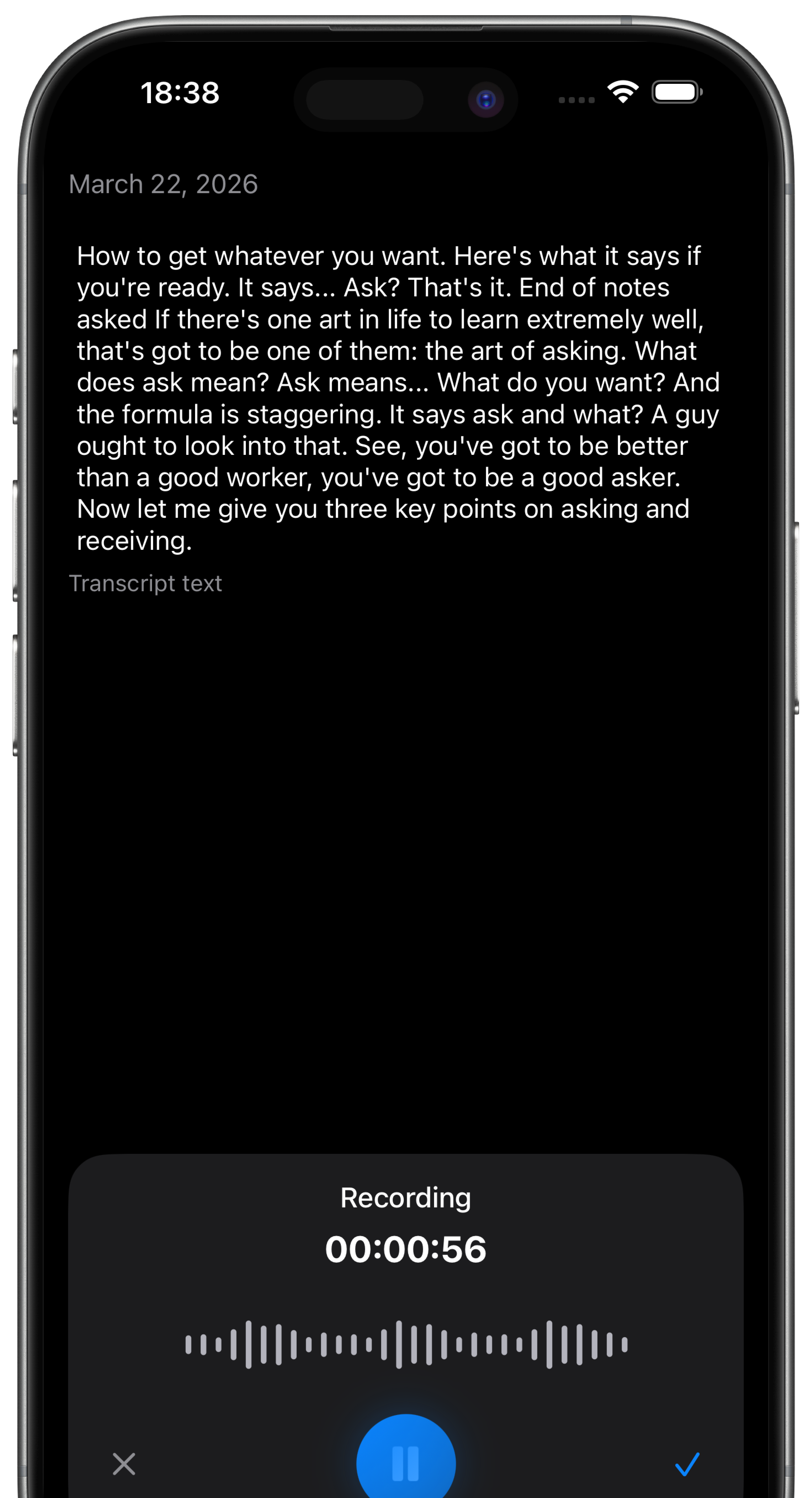 Voice Notes AI app recording screen — one-tap recording with live waveform on iPhone