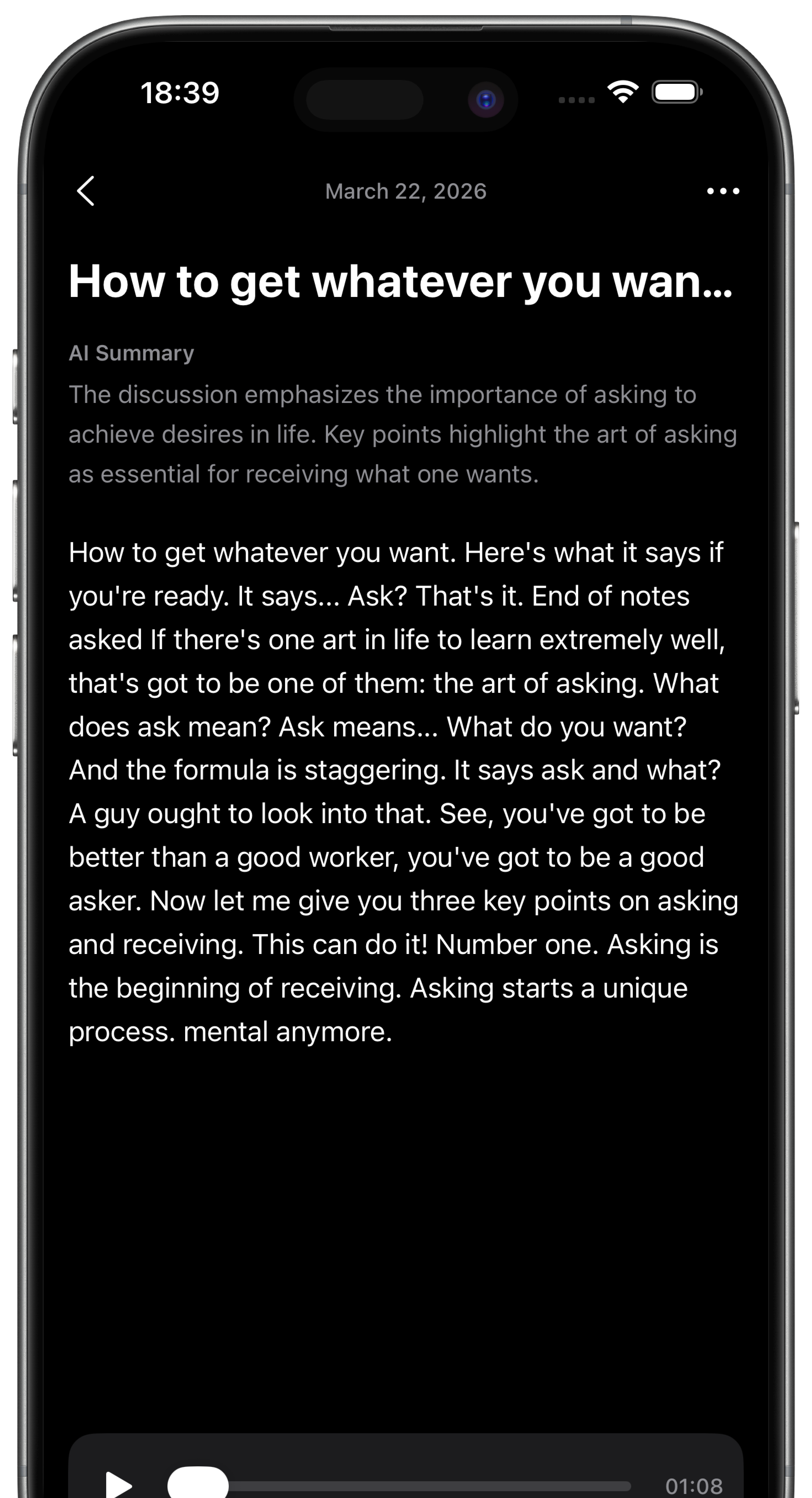 Voice Notes AI transcript screen showing AI-generated summary and full speech-to-text transcription on iPhone